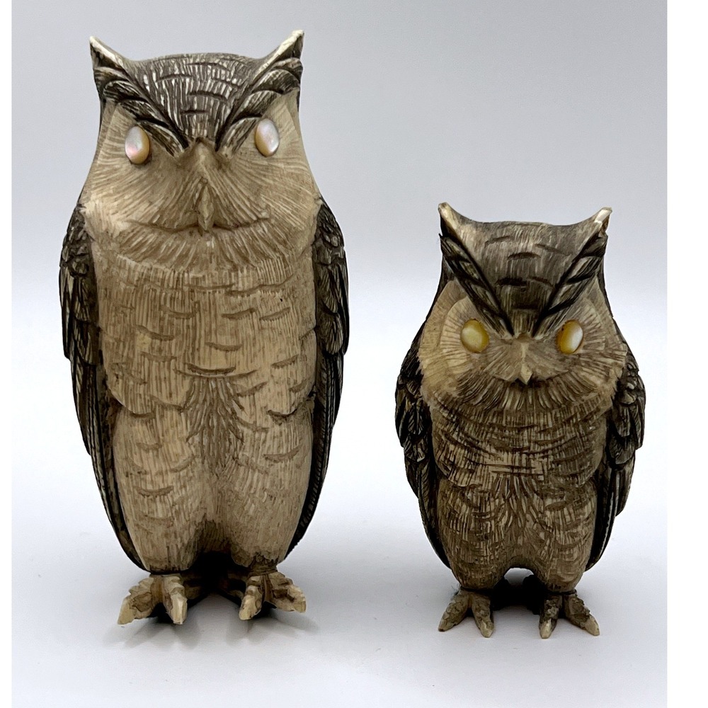 Mitsuyuki Owl Figurine Set 4in Cream Good Faux Bone Resin Mitsuyuki Seal Carved